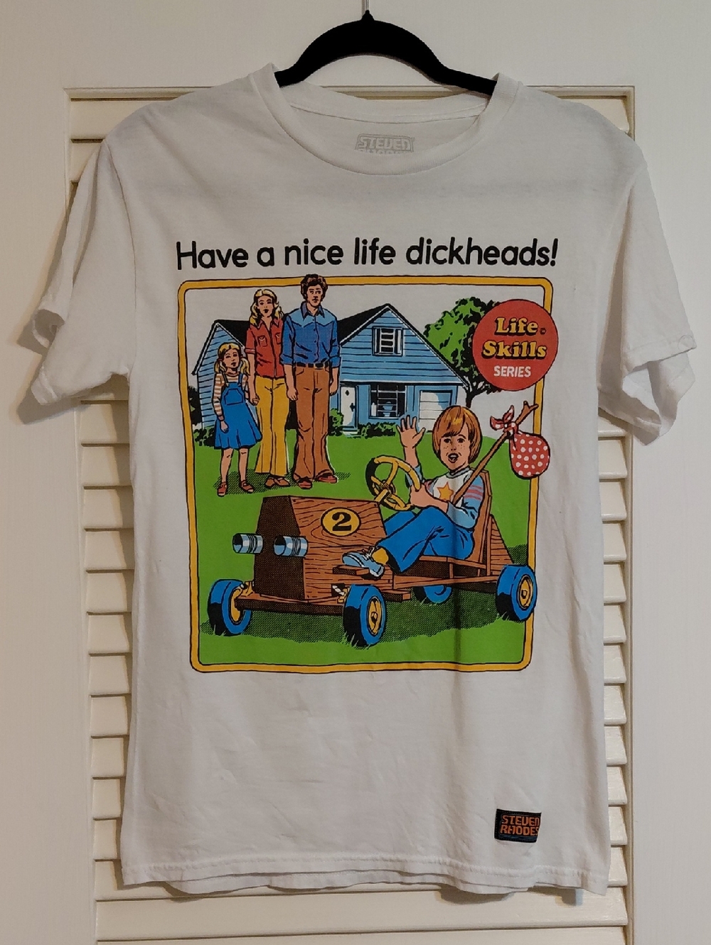 Steven Rhodes Small White Graphic T-shirt Featuring a "Have a Nice Life" Design